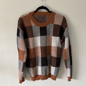 SHEIN Chunky Plaid Crewneck Sweater in Brown, Cream & Black